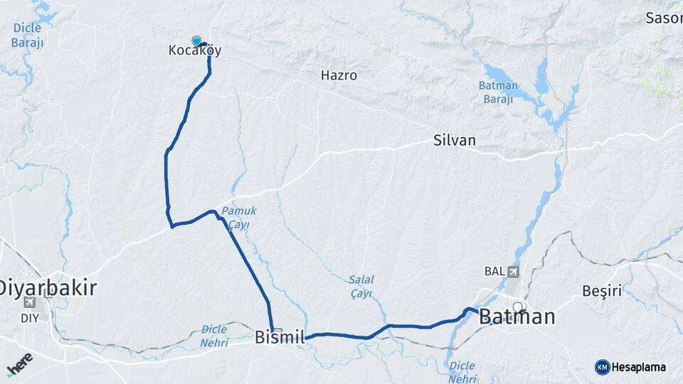 Diyarbakır Kocaköy Batman Arası Kaç Km - Yol Haritası