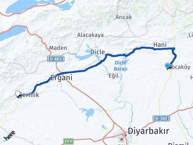 Diyarbakır Kocaköy Çermik Arası Kaç Km - Yol Haritası