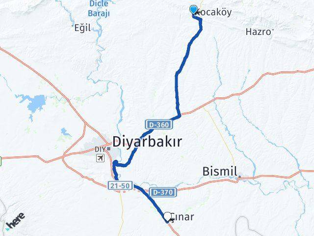 Diyarbakır Kocaköy Çınar Arası Kaç Km - Yol Haritası