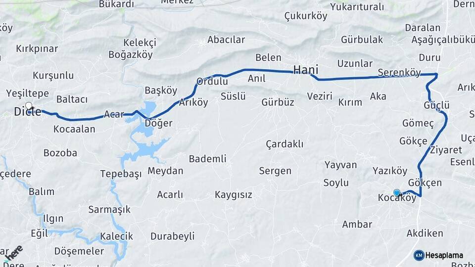 Diyarbakır Kocaköy Dicle Arası Kaç Km - Yol Haritası