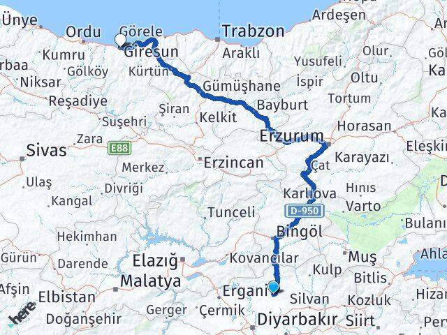 Diyarbakır Kocaköy Giresun Arası Kaç Km - Yol Haritası
