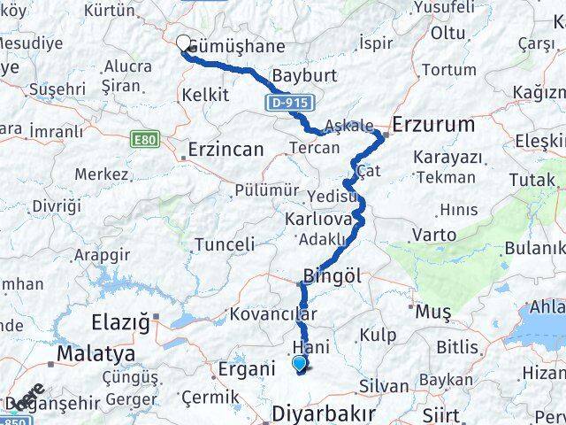 Diyarbakır Kocaköy Gümüşhane Arası Kaç Km - Yol Haritası
