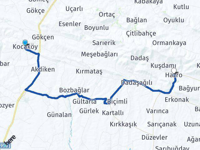 Diyarbakır Kocaköy Hazro Arası Kaç Km - Yol Haritası