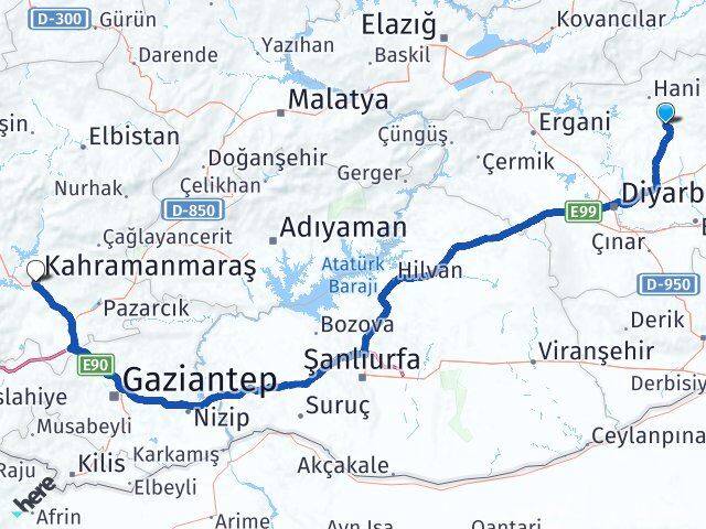 Diyarbakır Kocaköy Kahramanmaraş Arası Kaç Km - Yol Haritası