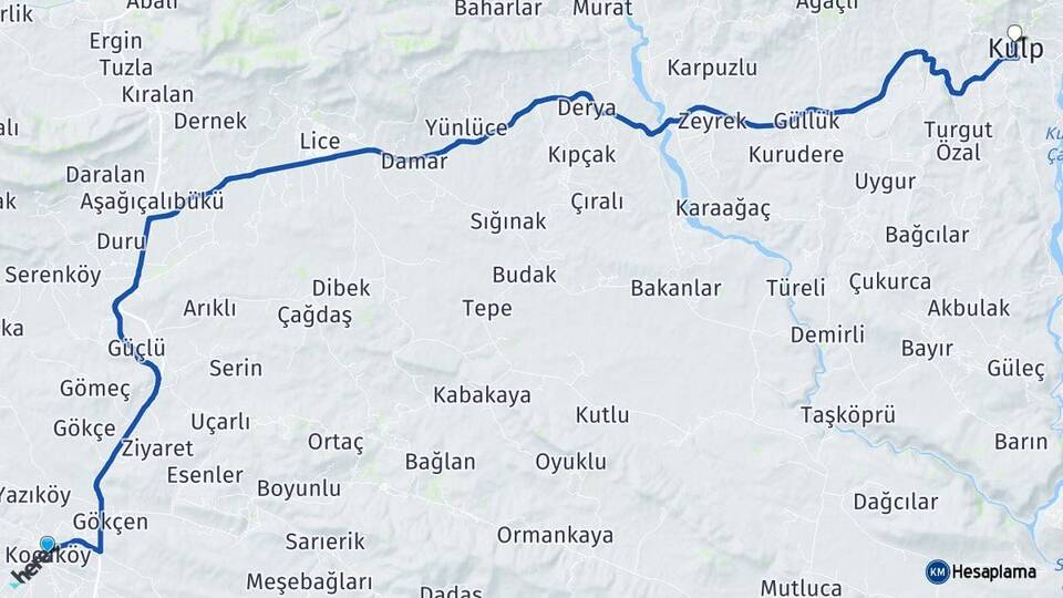 Diyarbakır Kocaköy Kulp Arası Kaç Km - Yol Haritası
