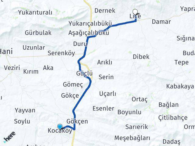 Diyarbakır Kocaköy Lice Arası Kaç Km - Yol Haritası
