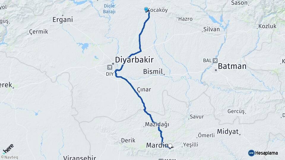 Diyarbakır Kocaköy Mardin Arası Kaç Km - Yol Haritası