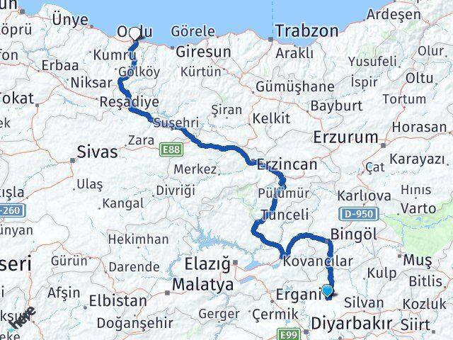 Diyarbakır Kocaköy Ordu Arası Kaç Km - Yol Haritası