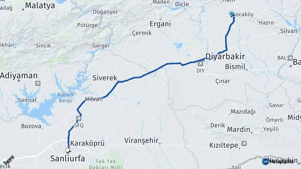 Diyarbakır Kocaköy Şanlıurfa Arası Kaç Km - Yol Haritası