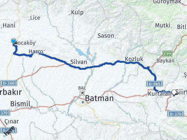 Diyarbakır Kocaköy Siirt Arası Kaç Km - Yol Haritası