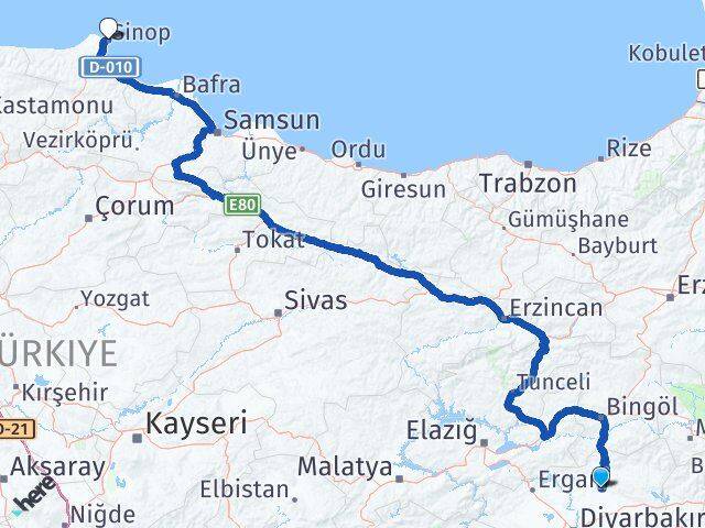 Diyarbakır Kocaköy Sinop Arası Kaç Km - Yol Haritası