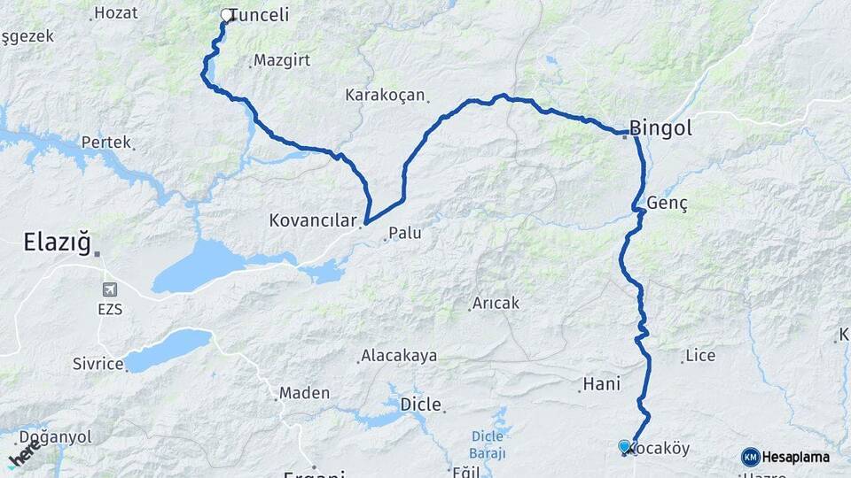 Diyarbakır Kocaköy Tunceli Arası Kaç Km - Yol Haritası