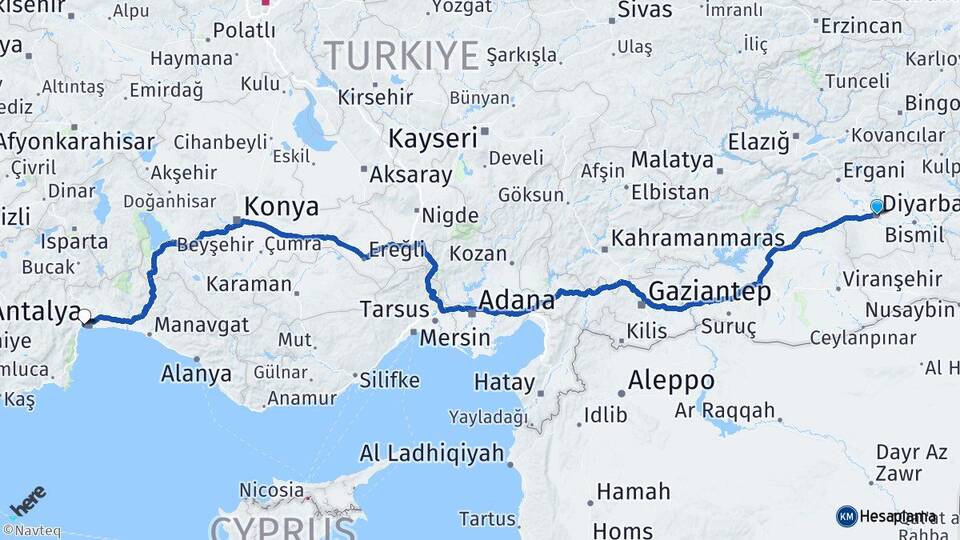 Diyarbakır Konyaaltı Antalya Arası Kaç Km - Yol Haritası
