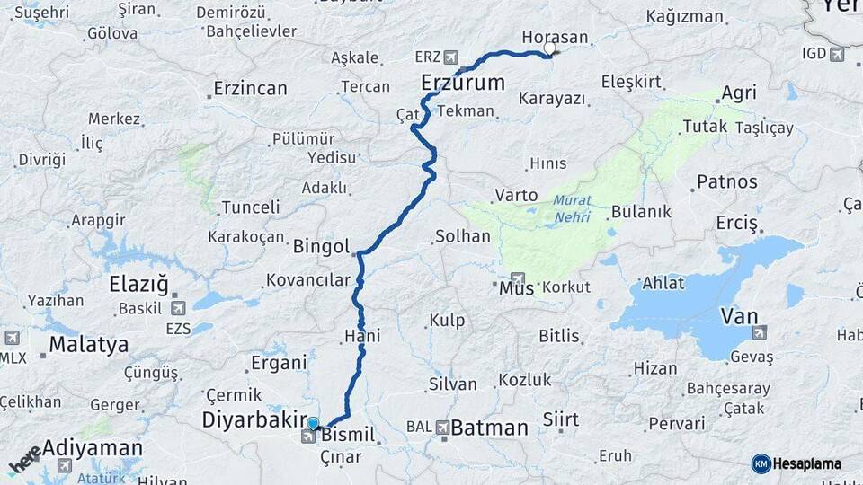 Diyarbakır Köprüköy Erzurum Arası Kaç Km - Yol Haritası
