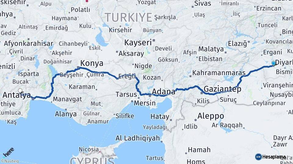 Diyarbakır Korkuteli Antalya Arası Kaç Km - Yol Haritası