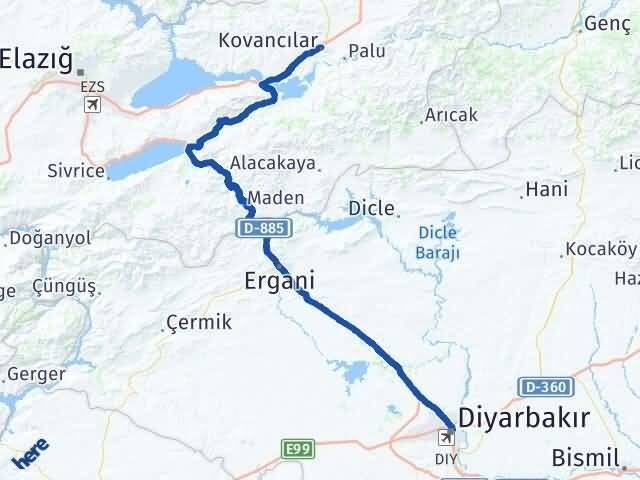 Diyarbakır Kovancılar Elazığ Arası Kaç Km - Yol Haritası