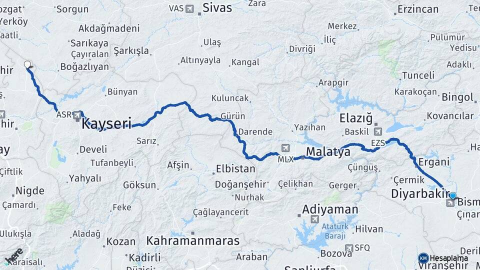 Diyarbakır Kozaklı Nevşehir Arası Kaç Km - Yol Haritası