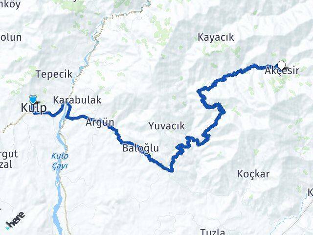 Diyarbakır Kulp Akçesir Kulp Arası Kaç Km - Yol Haritası