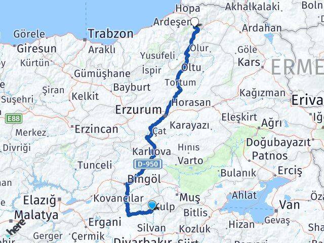 Diyarbakır Kulp Artvin Arası Kaç Km - Yol Haritası