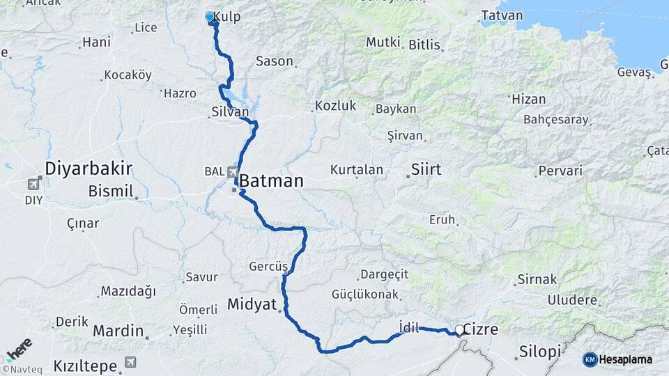 Diyarbakır Kulp Cizre Şırnak Arası Kaç Km - Yol Haritası