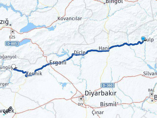 Diyarbakır Kulp Çüngüş Arası Kaç Km - Yol Haritası