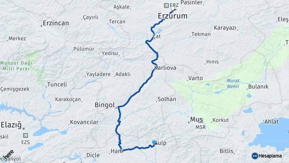 Diyarbakır Kulp Erzurum Arası Kaç Km - Yol Haritası