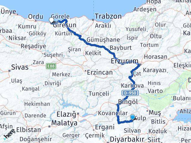 Diyarbakır Kulp Giresun Arası Kaç Km - Yol Haritası