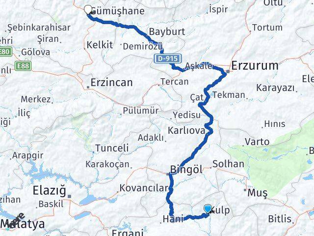 Diyarbakır Kulp Gümüşhane Arası Kaç Km - Yol Haritası