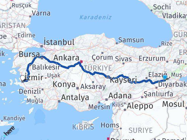 Diyarbakır Kulp İzmir Arası Kaç Km - Yol Haritası