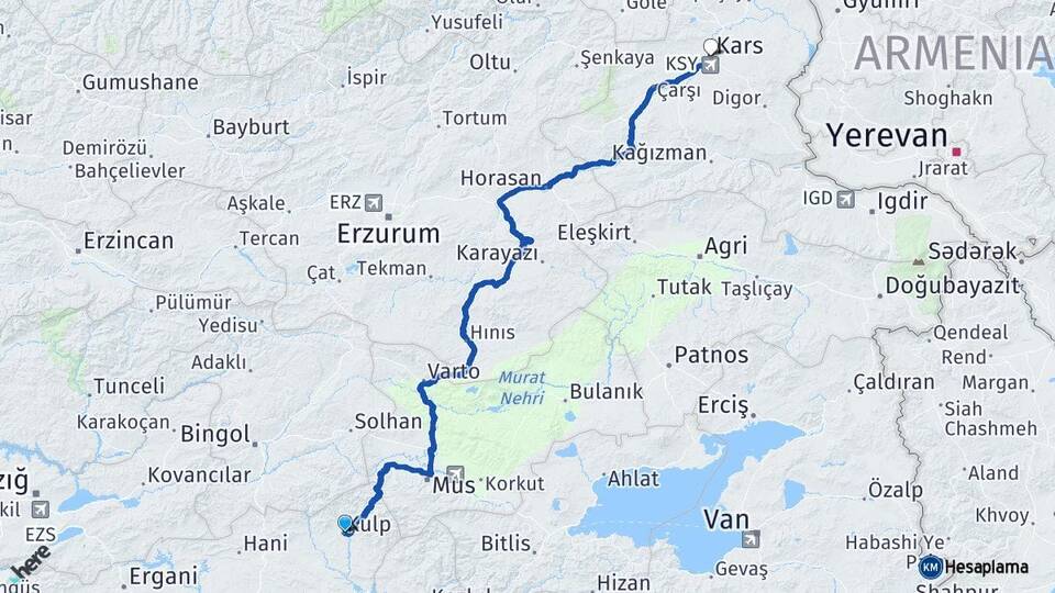 Diyarbakır Kulp Kars Arası Kaç Km - Yol Haritası