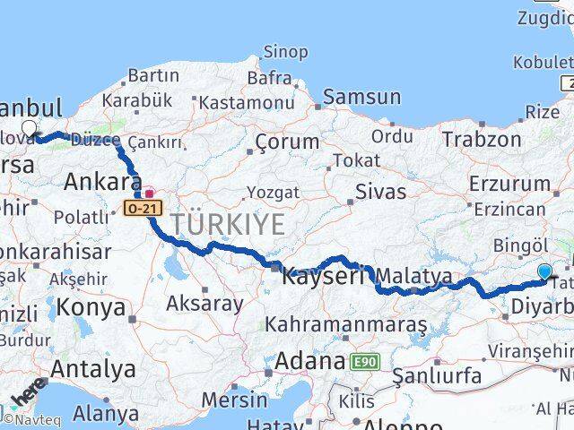 Diyarbakır Kulp Sakarya Arası Kaç Km - Yol Haritası