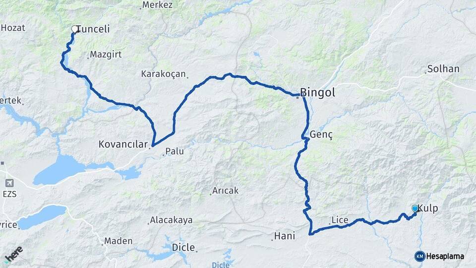 Diyarbakır Kulp Tunceli Arası Kaç Km - Yol Haritası