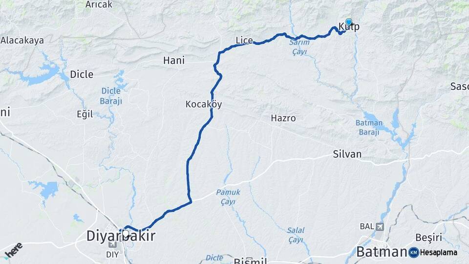 Diyarbakır Kulp Yenişehir Arası Kaç Km - Yol Haritası