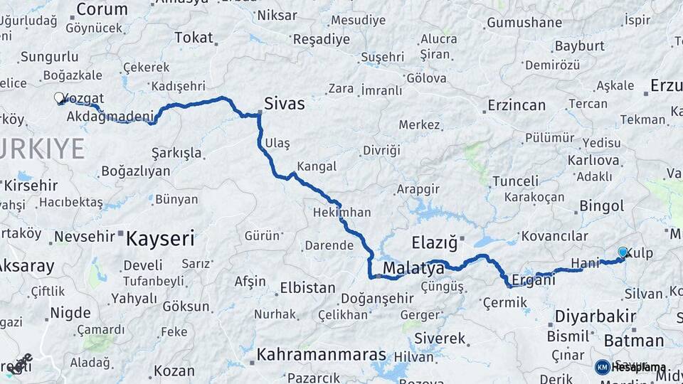 Diyarbakır Kulp Yozgat Arası Kaç Km - Yol Haritası