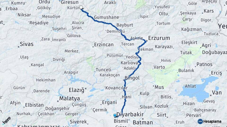 Diyarbakır Kürtün Gümüşhane Arası Kaç Km - Yol Haritası