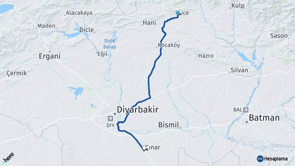 Diyarbakır Lice Çınar Arası Kaç Km - Yol Haritası