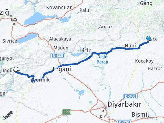 Diyarbakır Lice Çüngüş Arası Kaç Km - Yol Haritası
