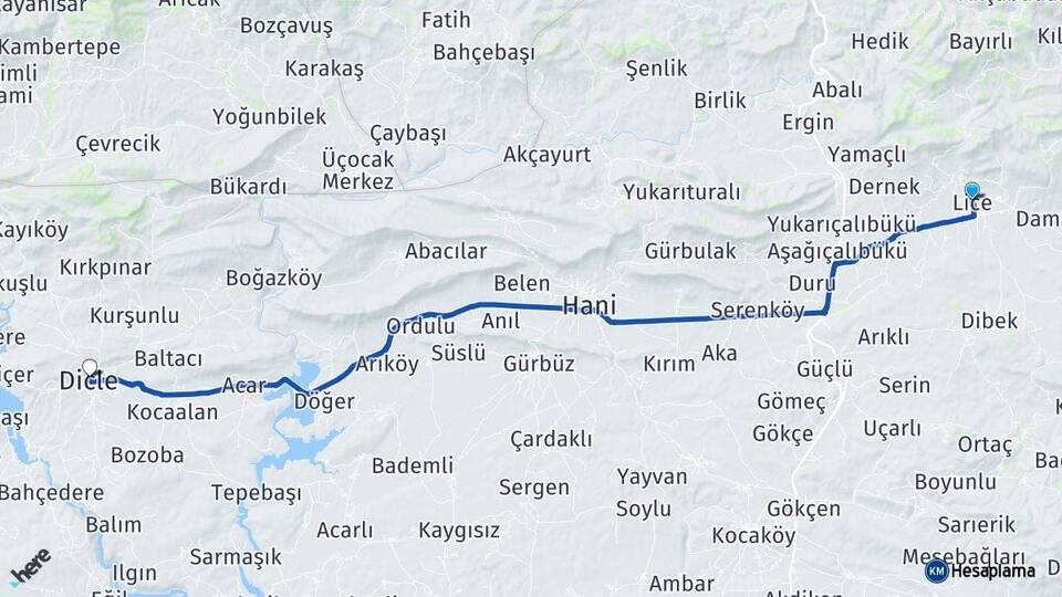 Diyarbakır Lice Dicle Arası Kaç Km - Yol Haritası