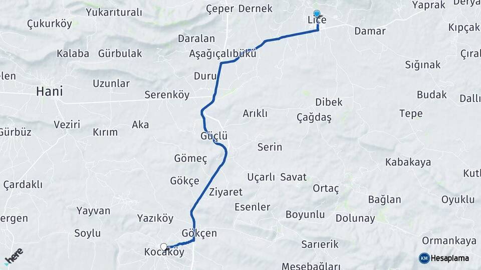 Diyarbakır Lice Kocaköy Arası Kaç Km - Yol Haritası