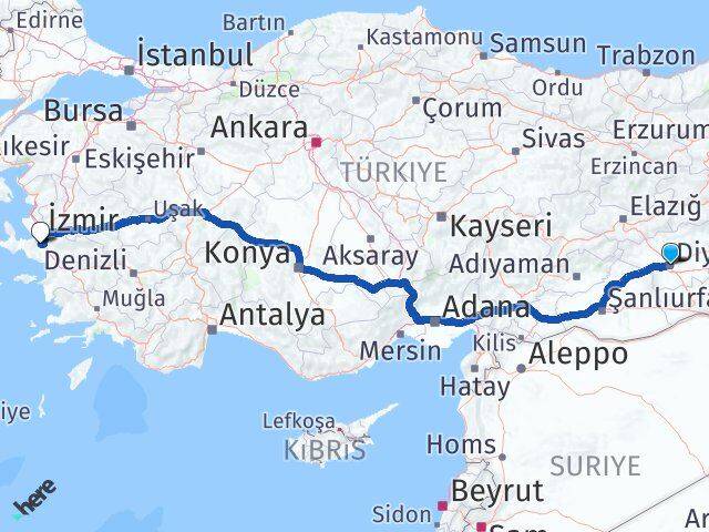 Diyarbakır Menderes İzmir Arası Kaç Km - Yol Haritası