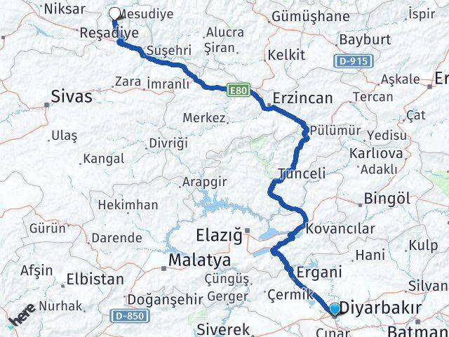 Diyarbakır Mesudiye Ordu Arası Kaç Km - Yol Haritası