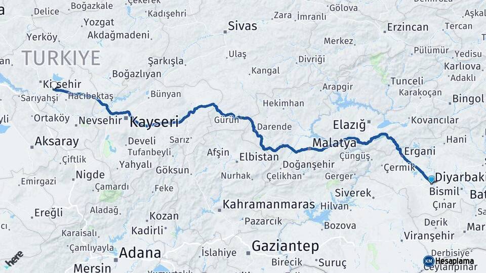 Diyarbakır Mucur Kırşehir Arası Kaç Km - Yol Haritası