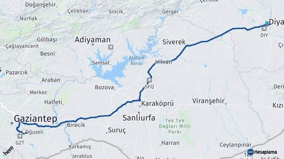 Diyarbakır Oğuzeli Gaziantep Arası Kaç Km - Yol Haritası