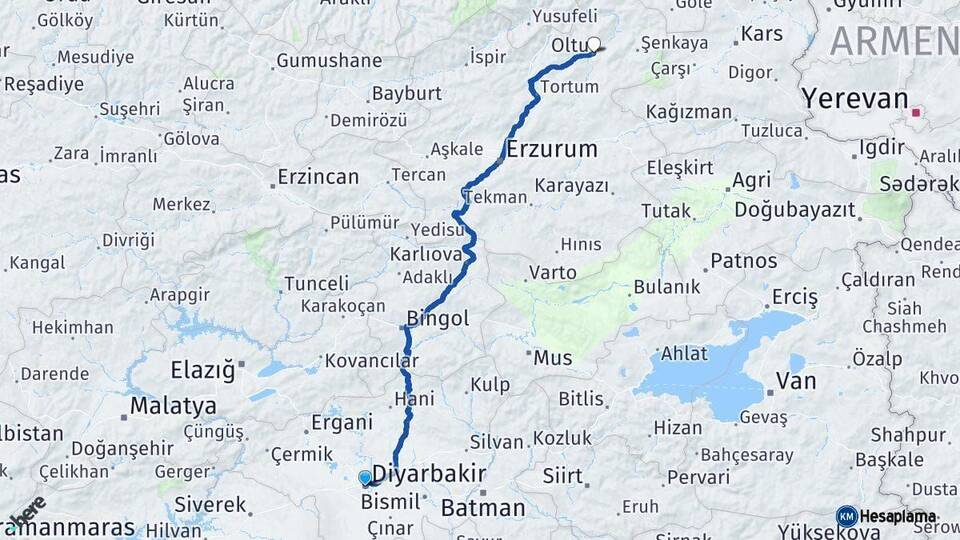 Diyarbakır Oltu Erzurum Arası Kaç Km - Yol Haritası