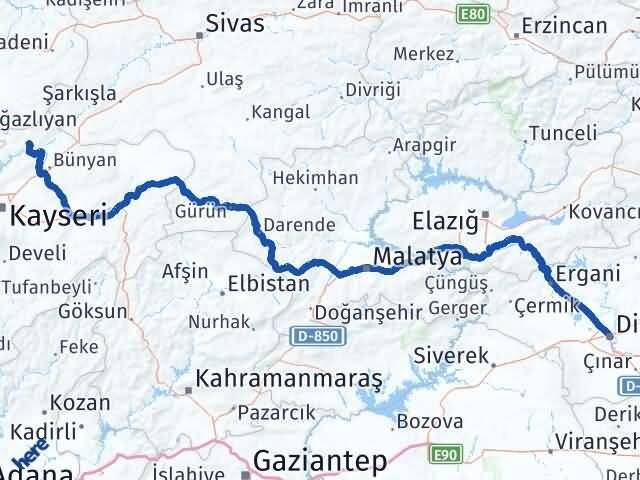 Diyarbakır Özvatan Kayseri Arası Kaç Km - Yol Haritası