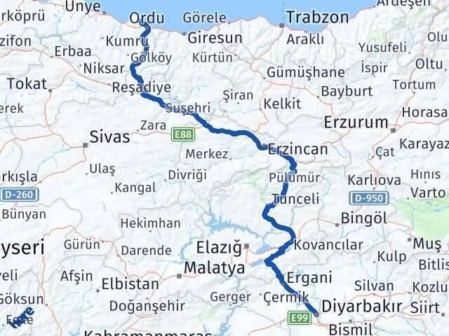 Diyarbakır Perşembe Ordu Arası Kaç Km - Yol Haritası