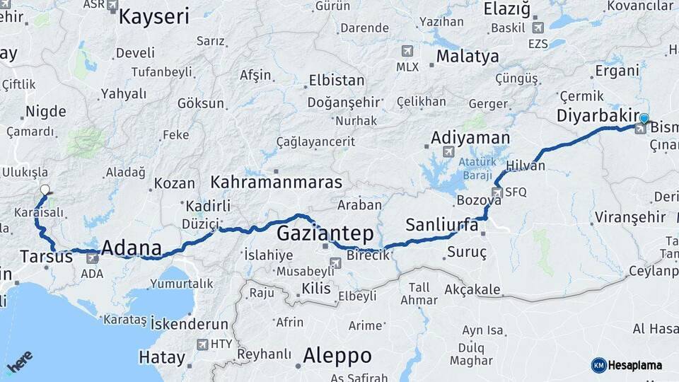 Diyarbakır Pozantı Adana Arası Kaç Km - Yol Haritası