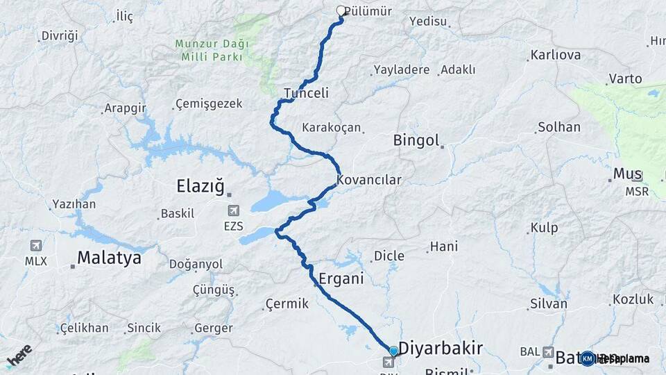 Diyarbakır Pülümür Tunceli Arası Kaç Km - Yol Haritası