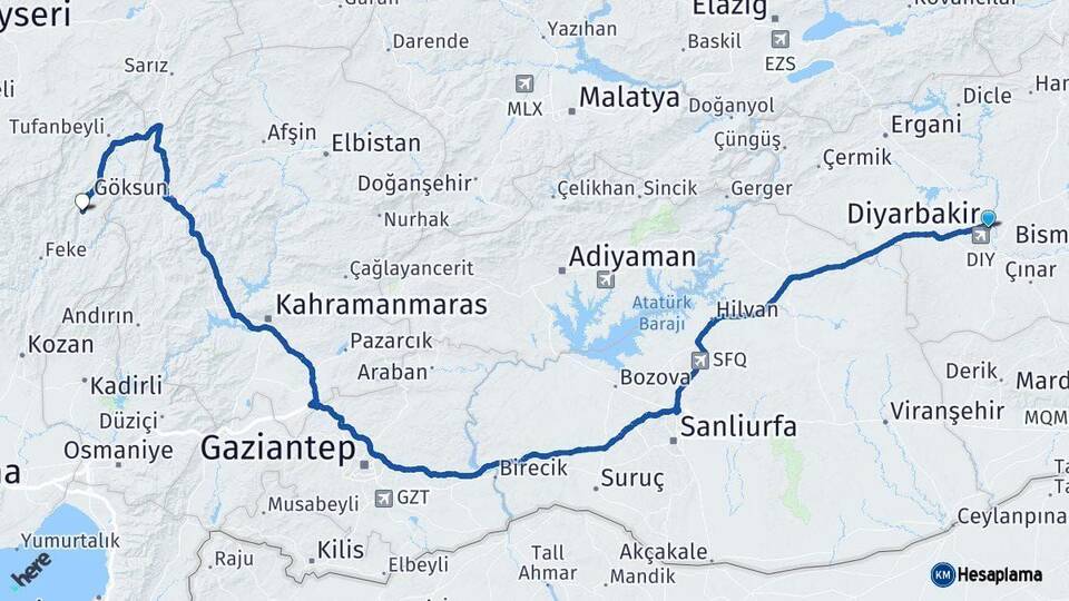 Diyarbakır Saimbeyli Adana Arası Kaç Km - Yol Haritası