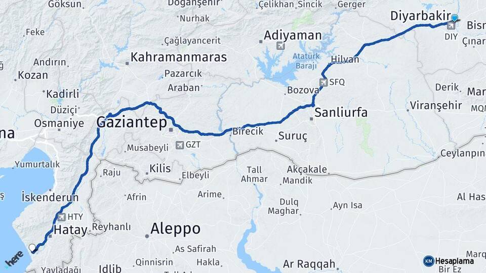 Diyarbakır Samandağ Hatay Arası Kaç Km - Yol Haritası